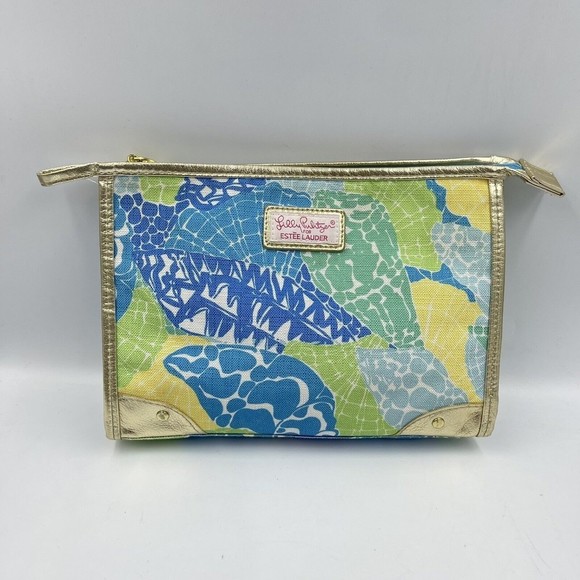 Estee Lauder Lilly Pulitzer Cosmetic Makeup bag Blue Green Gold Trim - Picture 1 of 16